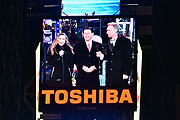  (from left) Allison Hagendorf, Chairman and CEO of Toshiba America, Inc Fumio Otani and Bill Nye on stage during New Year's Eve celebrations at Times Square on December 31, 2015 in New York City. (Photo by Eugene Gologursky/Getty Images for TOSHIBA CORPORATION)